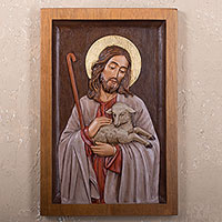 Relieve de cedro, 'El Buen Pastor' - Jesús con Cordero Relieve Panel de Pared Cedro Tallado a Mano
