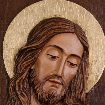 Reliefplatte aus Zedernholz - Jesus mit Lamm Relief Wandpaneel handgeschnitzt aus Zeder