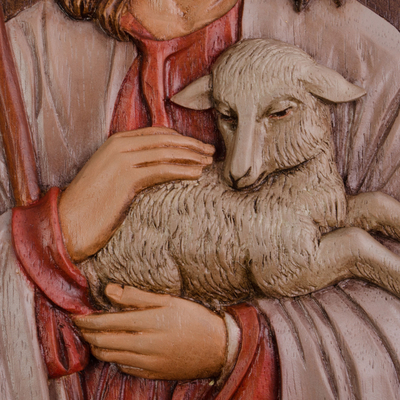 Reliefplatte aus Zedernholz - Jesus mit Lamm Relief Wandpaneel handgeschnitzt aus Zeder