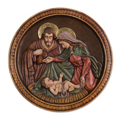 Cedar wall relief panel, 'Nativity Medallion' - Cedar wall relief panel