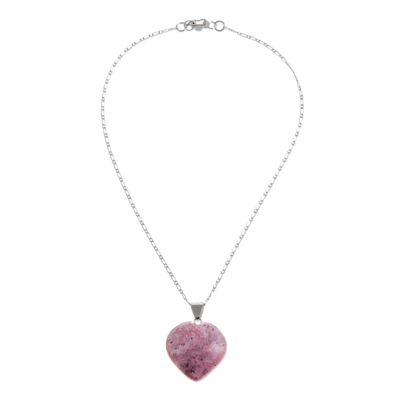 Rhodonite heart necklace, 'Petal Heart' - Handmade Andean Rhodonite Romantic Heart Necklace