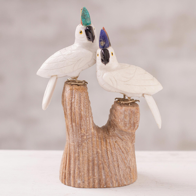 Onyx and aragonite sculpture, 'Cockatoo Couple' - Gemstone Bird Sculpture from Peru