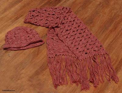 100% alpaca scarf and hat set, 'Burgundy Fans' - Handmade Alpaca Wool Solid Winter Scarf and Hat Set