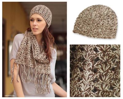 100% alpaca scarf and hat set, 'Coffee Fans' - Hand Crafted Alpaca Wool Patterned Scarf and Hat Winter Set
