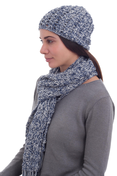 100% alpaca scarf and hat set, 'Sky Blue Fans' - 100% alpaca scarf and hat set
