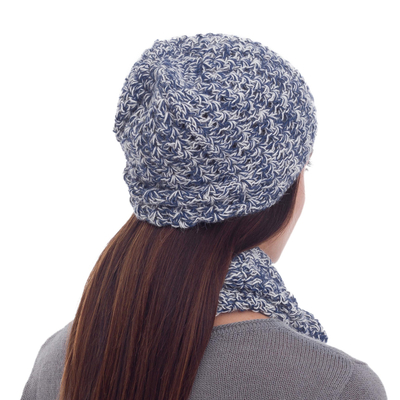 100% alpaca scarf and hat set, 'Sky Blue Fans' - 100% alpaca scarf and hat set