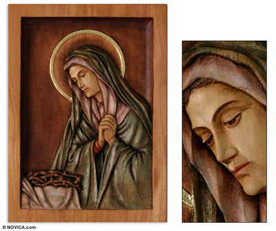 Cedar relief panel, Mary, Virgin of Sorrows