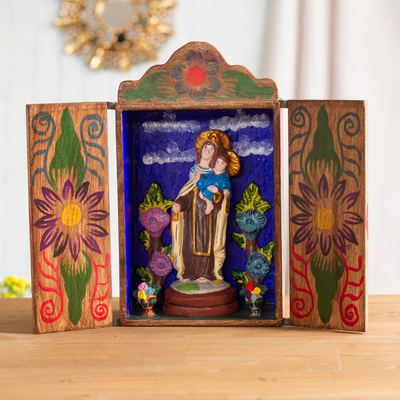 Wood retablo, 'Our Lady of Mount Carmel' - Hand Made Religious Wood Sculpture from Peru