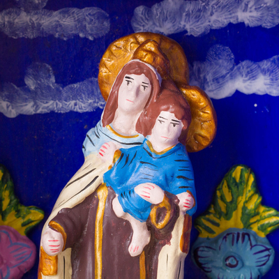 Wood retablo, 'Our Lady of Mount Carmel' - Hand Made Religious Wood Sculpture from Peru