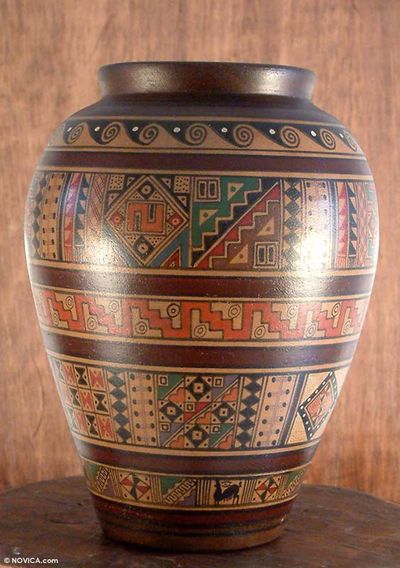 Aged Cuzco vase, 'Water Cult' - Cuzco Prehispanic Style Ceramic Vase