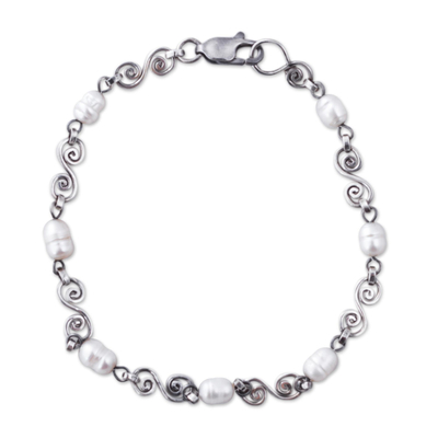 Cultured pearl link bracelet, 'Colonial Pearls' - Handmade Sterling Silver and Cultured Pearl Bracelet