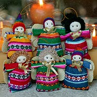 Cotton ornaments, 'Andean Angels of Happiness' (set of 6) - Set of 6 Cotton Andean Folk Art Angel Ornaments