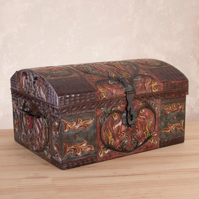 Artisan Crafted Tooled Leather Chest with Wrought Iron, 'Autumn Leaves'