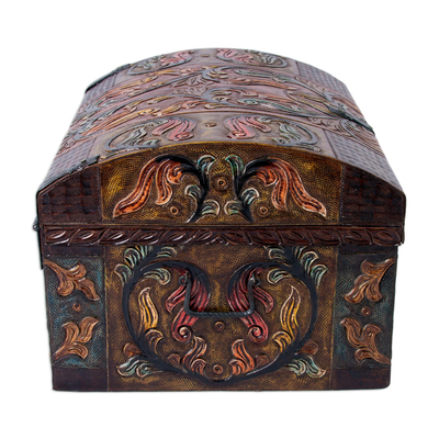 Caja decorativa de cuero - Cofre Artesanal de Cuero Labrado con Hierro Forjado