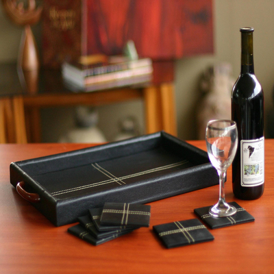Leather and cedar tray and coaster set, 'Black Tie' (set for 6) - Leather and cedar tray and coaster set (Set for 6)