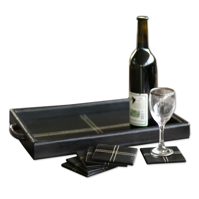 Leather and cedar tray and coaster set, 'Black Tie' (set for 6) - Leather and cedar tray and coaster set (Set for 6)