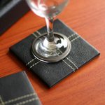 Leather and cedar tray and coaster set, 'Black Tie' (set for 6) - Leather and cedar tray and coaster set (Set for 6)