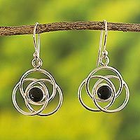 Onyx dangle earrings, 'Floral Orbit' - Onyx  and Sterling Silver Dangle Earrings