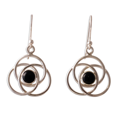 Onyx dangle earrings, 'Floral Orbit' - Onyx  and Sterling Silver Dangle Earrings