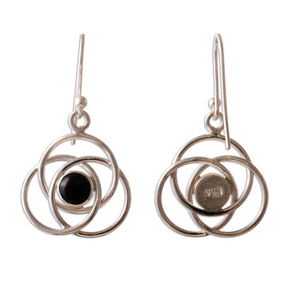 Onyx dangle earrings, 'Floral Orbit' - Onyx  and Sterling Silver Dangle Earrings