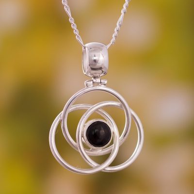 Onyx pendant necklace, 'Floral Orbit' - Modern Sterling Silver Pendant Onyx Necklace