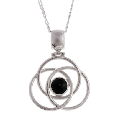Onyx pendant necklace, 'Floral Orbit' - Modern Sterling Silver Pendant Onyx Necklace