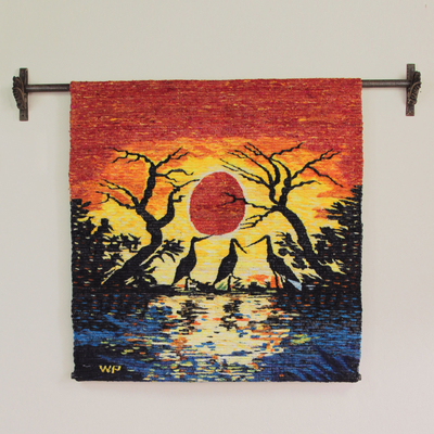 Wool tapestry, 'Sunset in Manu' - Collectible Wool Bird Tapestry Wall Hanging