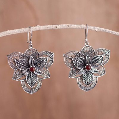Carnelian filigree earrings, 'Bougainvillea' - Hand Crafted Fine Silver Filigree Carnelian Earrings