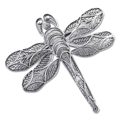 Silver filigree brooch pin, 'Filigree Dragonfly' - Silver filigree brooch pin