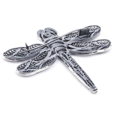 Silver filigree brooch pin, 'Filigree Dragonfly' - Silver filigree brooch pin