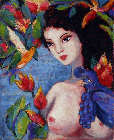 Naturaleza, pájaros y un pájaro azul - Amazon desnuda original bellas artes pintura al óleo perú
