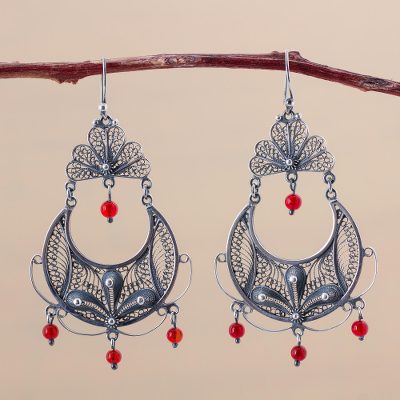 Carnelian chandelier earrings, 'Filigree Bouquet' - Handmade Fine Silver and Carnelian Chandelier Earrings