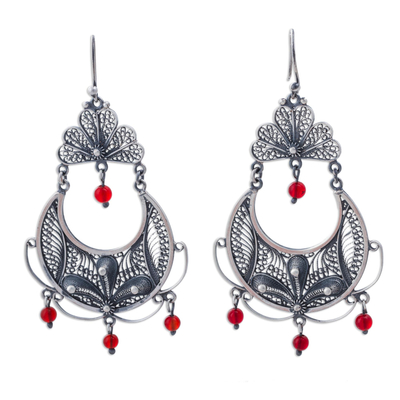 Carnelian chandelier earrings, 'Filigree Bouquet' - Handmade Fine Silver and Carnelian Chandelier Earrings
