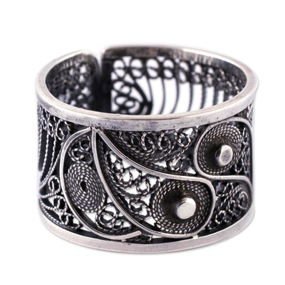 Silver filigree ring, 'Yin and Yang' - Handcrafted Oxidized Silver Filigree Ring