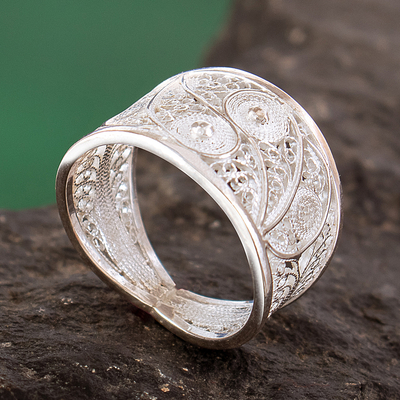 Handcrafted Fine Silver Filigree Ring - Paisley Shine | NOVICA