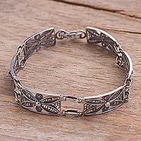 Pulsera de plata, 'Antique Butterfly Daisy' - Pulsera única de filigrana de plata de ley de plata fina