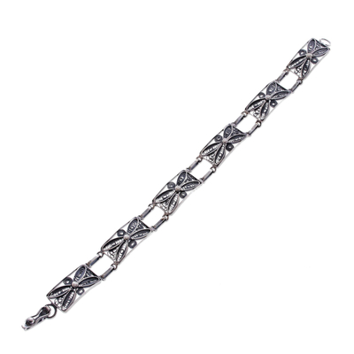 Silver wristband bracelet, 'Antique Butterfly Daisy' - Unique Fine Silver Sterling Silver Filigree Bracelet