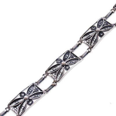 Silver wristband bracelet, 'Antique Butterfly Daisy' - Unique Fine Silver Sterling Silver Filigree Bracelet