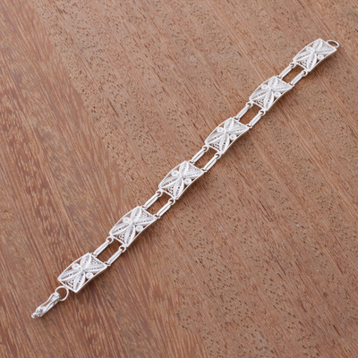 Silver link bracelet, 'Butterfly Daisy' - Unique Fine Silver Filigree Link Bracelet