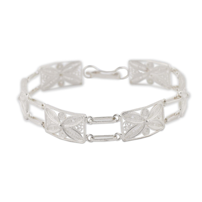 Silver link bracelet, 'Butterfly Daisy' - Unique Fine Silver Filigree Link Bracelet