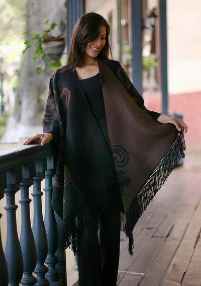 Reversible alpaca blend ruana cloak, 'Mocha Blossom' - Fair Trade Womens Floral Alpaca Wool Wrap Ruana
