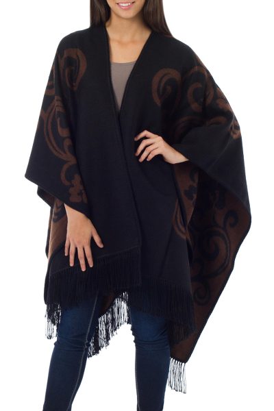 Reversible alpaca blend ruana cloak, 'Mocha Blossom' - Fair Trade Womens Floral Alpaca Wool Wrap Ruana
