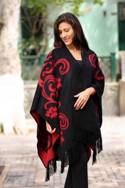 Reversible alpaca blend ruana cloak, 'Strawberry Blossom' - Handcrafted Alpaca Wool Reversible Black and Red Wrap