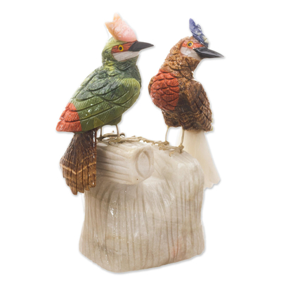 Onyx and aragonite sculpture, 'Kingfisher Couple' - Collectible Gemstone Bird Sculpture