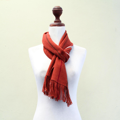 Alpaca scarf, 'Andean Cinnamon' - Alpaca Wool Blend Patterned Orange Scarf from Peru