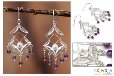 Amethyst chandelier earrings, 'Filigree Maze' - Fine Silver and Amethyst Filigree Earrings