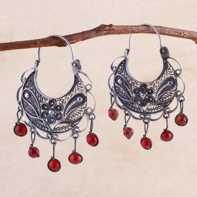 Carnelian filigree earrings, 'Dancing' - Unique Floral Fine Silver Filigree Earrings with Carnelians