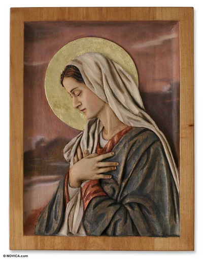 Cedar relief panel, 'Sweet Virgin Mary' - Christianity Wood Panel of the Virgin Mary with Bronze Leaf