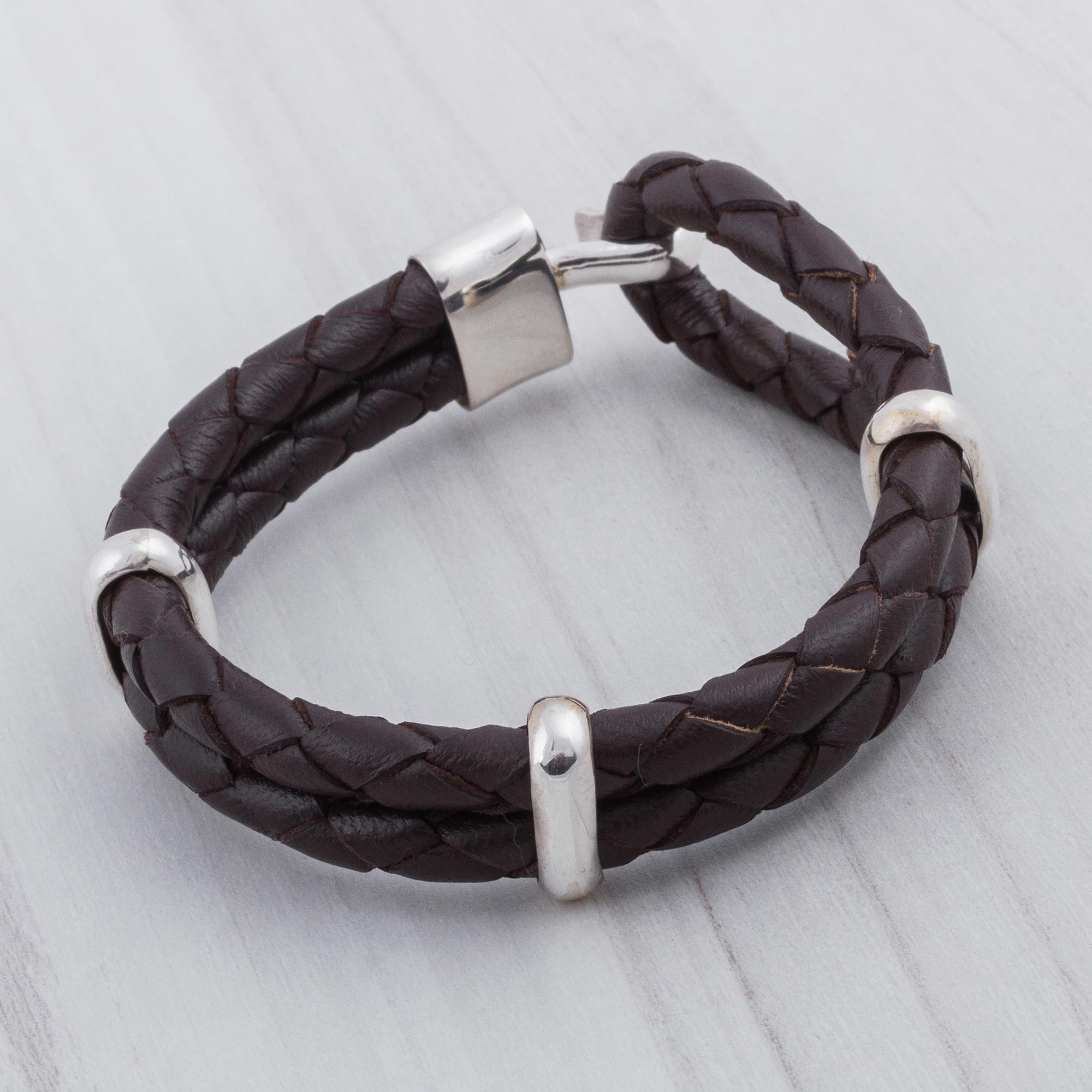 Men's Sterling Silver and Leather Wristband Bracelet - Desert Paths ...