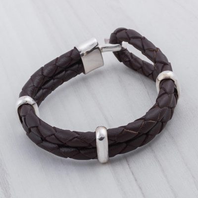 Men's braided leather bracelet, 'Desert Paths' - Men's Sterling Silver and Leather Wristband Bracelet